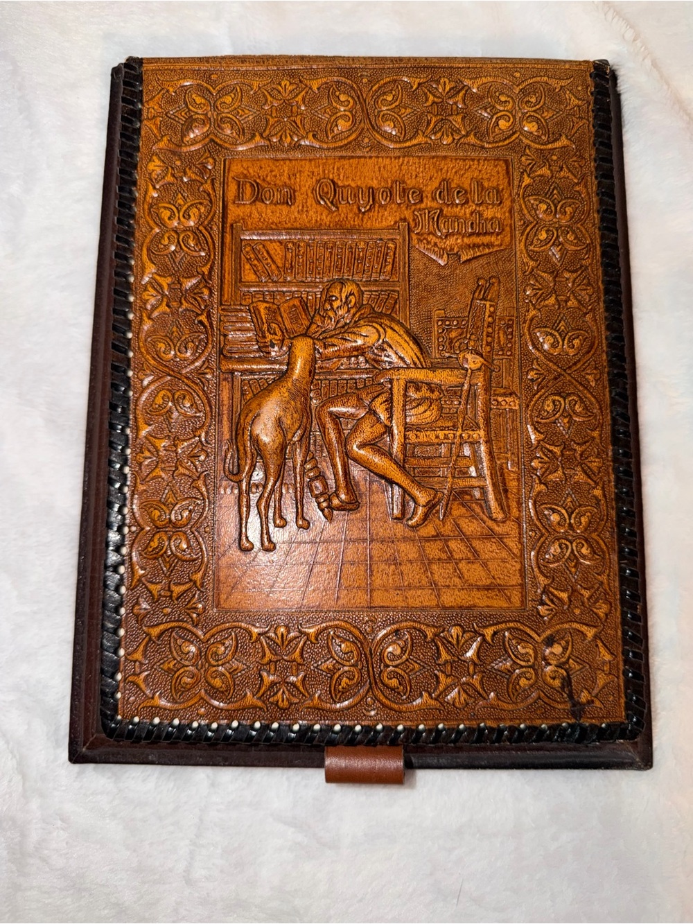 Vintage Don Quixote Spanish Hand Tooled Leather Desk Note Pad Holder- Read